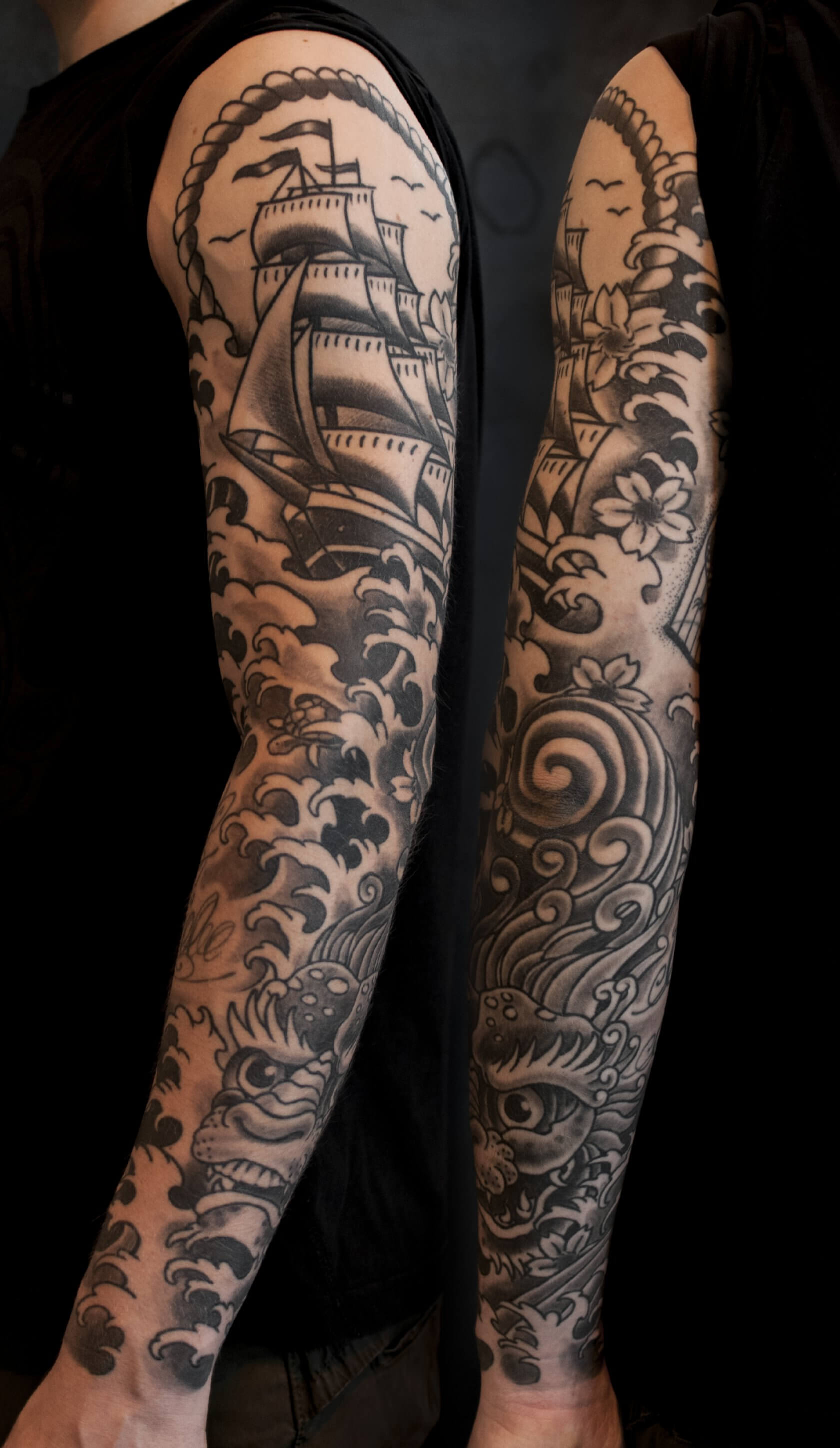 Tattoo arm frau schwarz weiß
